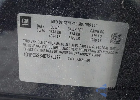 2014 Chevrolet Cruze 1Lt Auto from USA, damaged, VIN 1G1PC5SB4E7370277